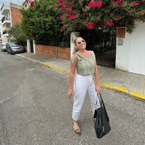 Zara | Sage Green Eyelet Bow Shoulder Square-Neck Crop Top Women's Medium